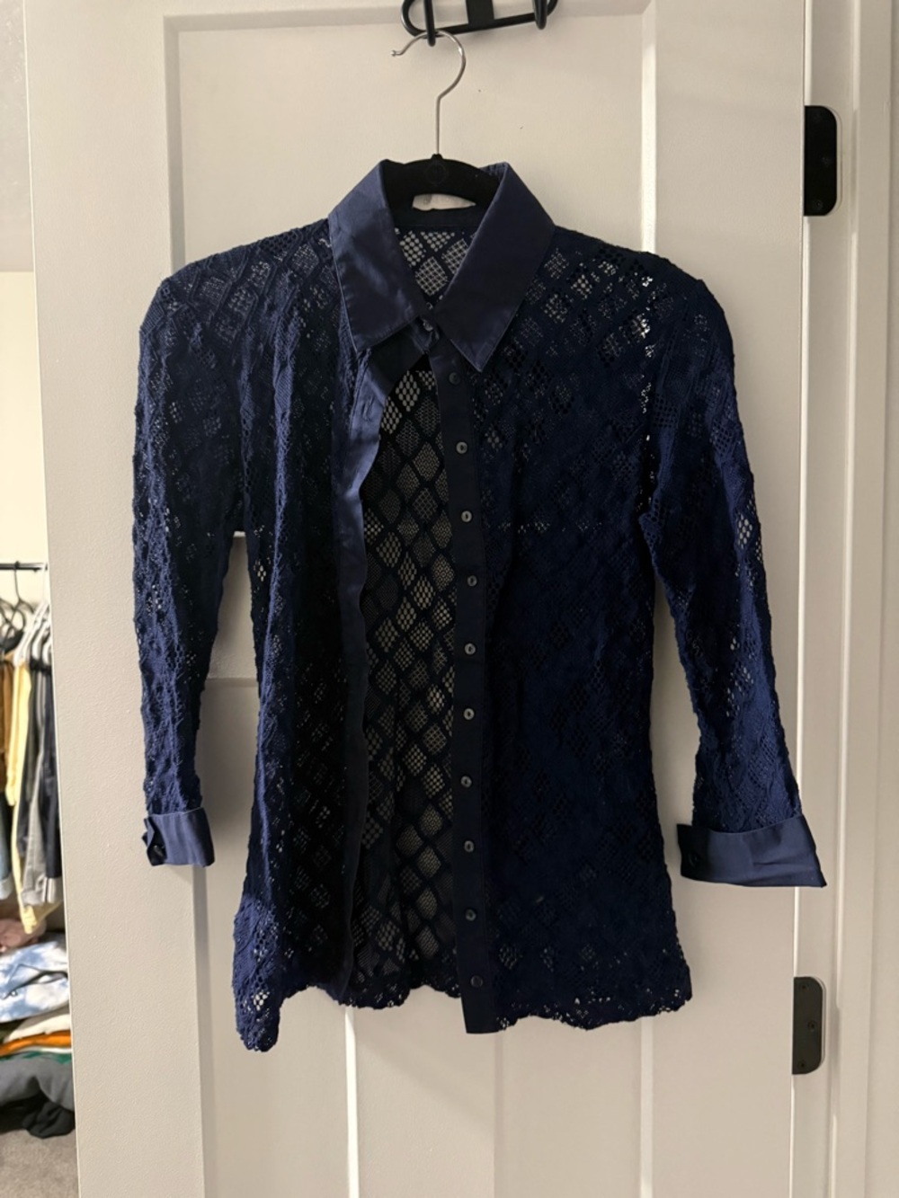 Anne Fontaine Navy Lace Button-Down with Satin Trim